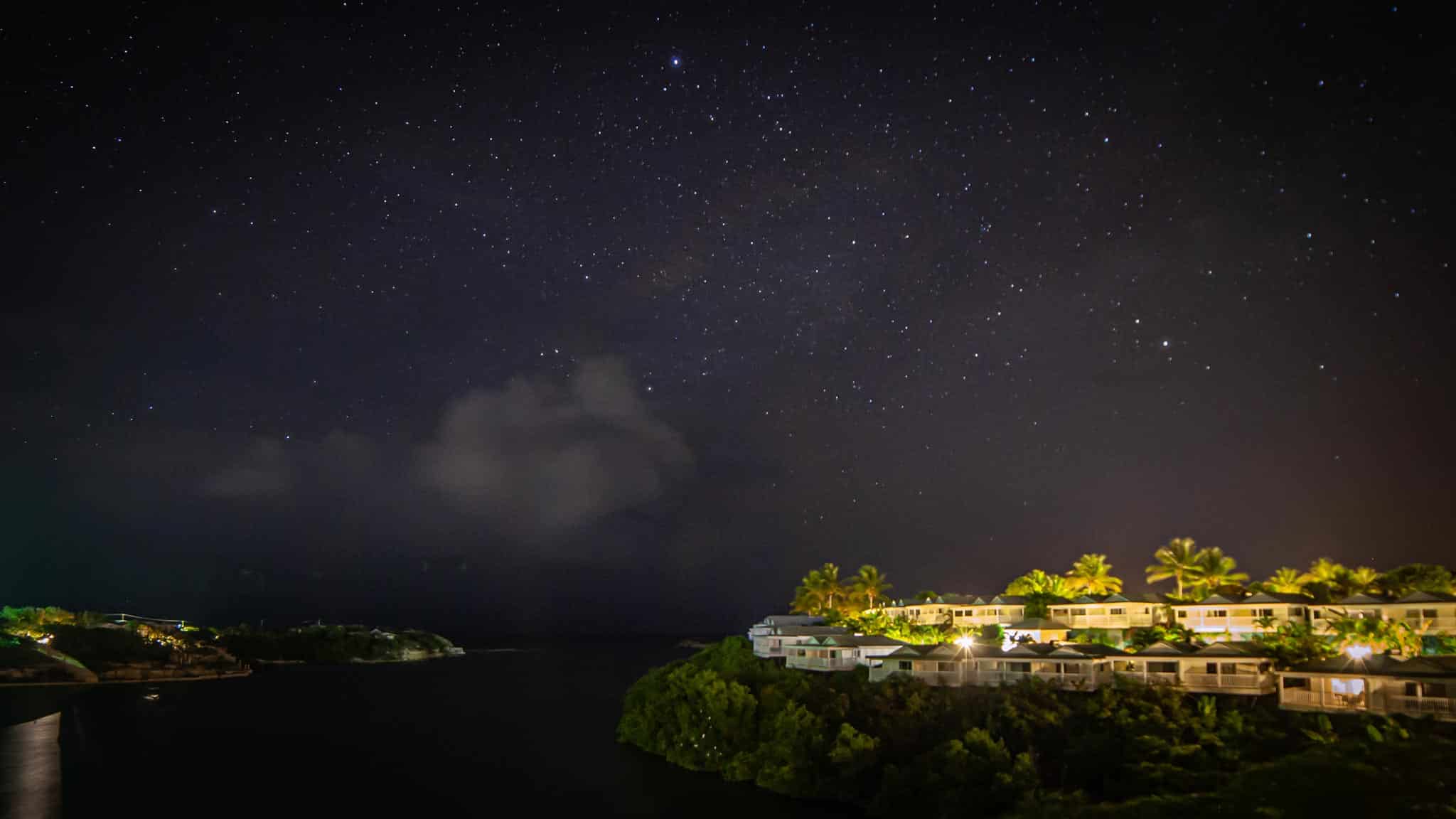 A starry sky and the ocean as viewed from a resort in Antigua