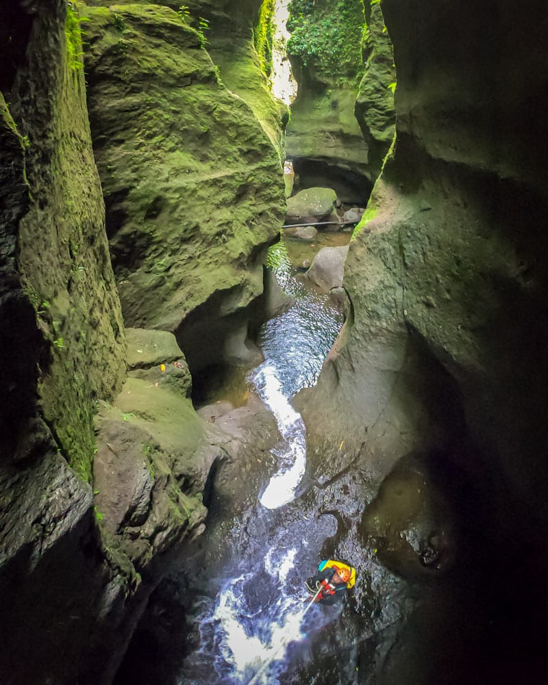 A green Canyon with water at the bottom and a man on a rappel in Dominica