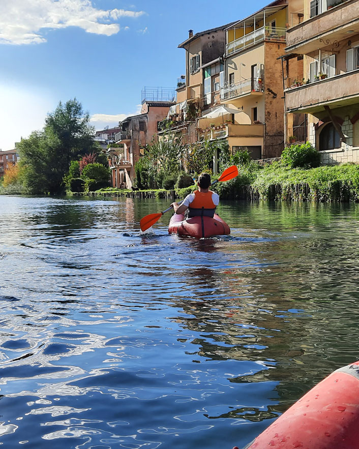 Kayaking by Roman bridge ruins in Rieti, one of the best places to visit near Rome