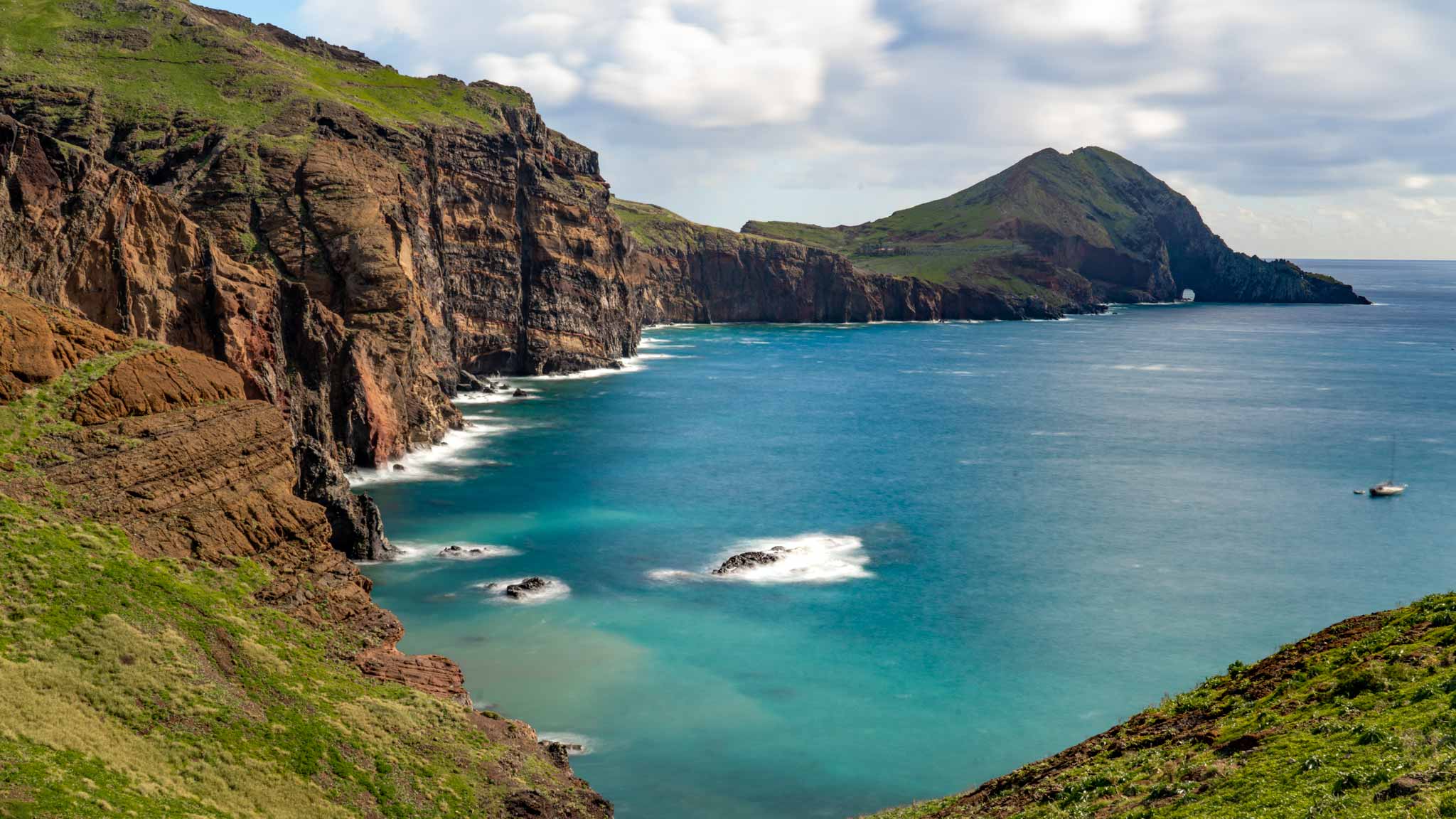 The trail out to Ponta de São Lourenço, with a beautiful blue ocean and green hills rising from the sea