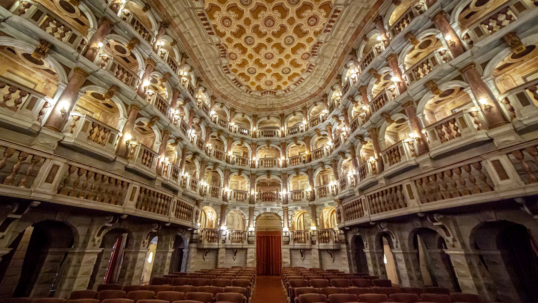 A beautiful theatre with stools and balconies in Mantua Italy