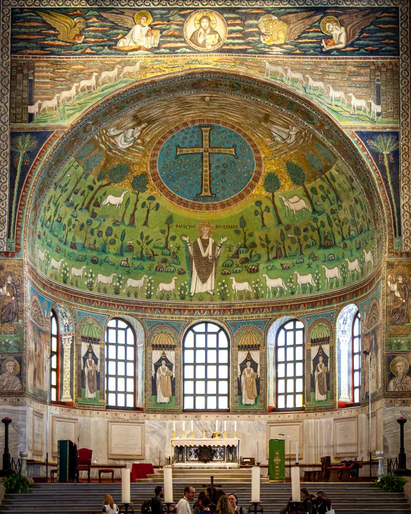 Ravenna mosaic of green tiles and church windows