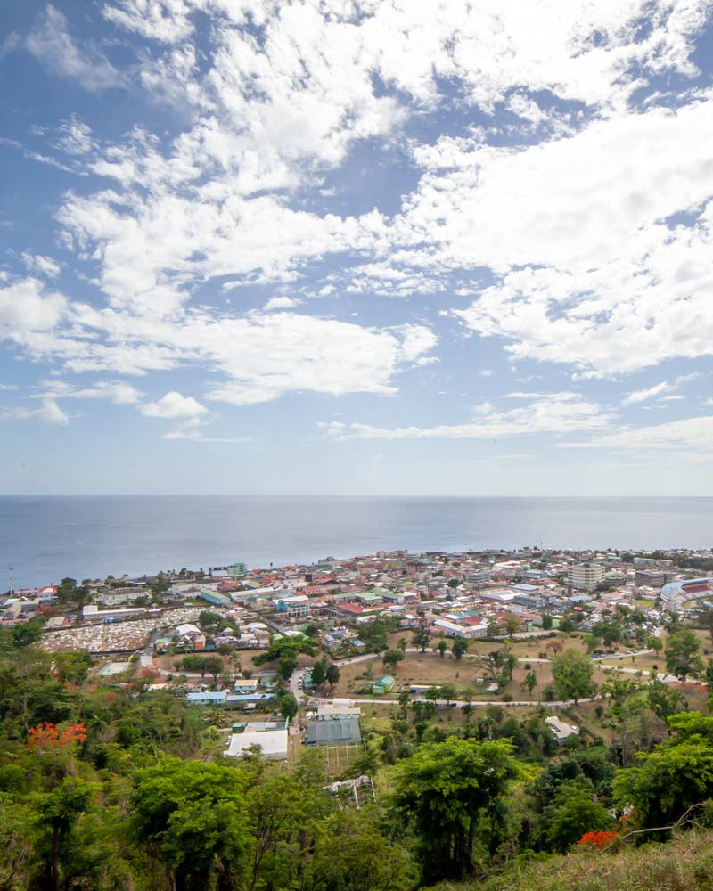Overlooking Roseau Dominica from above with the Atlantic ocean in the background