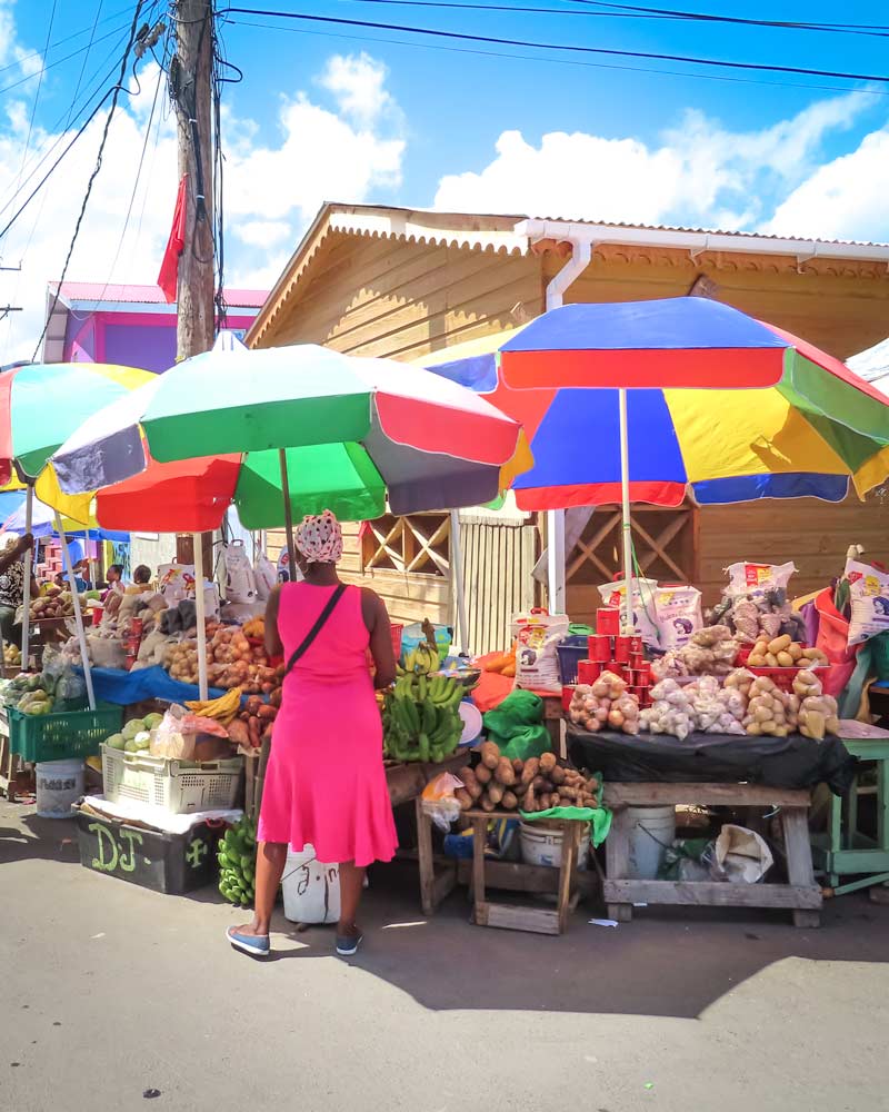 Colourful market stand and umbrella in Dominica