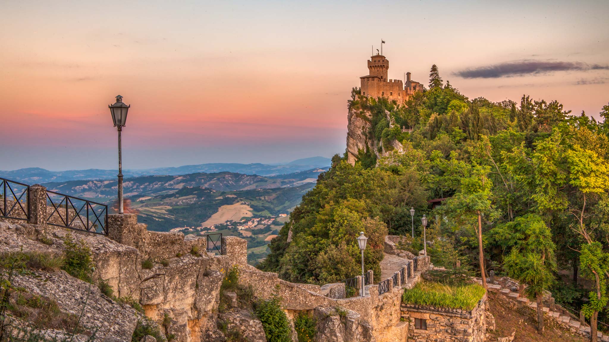One of the San Marino towers at sunset