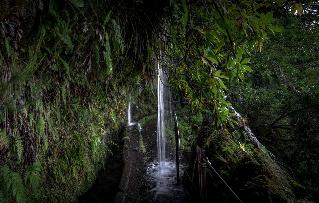 A waterfall you must walk through surrounded by greenery on the Levada do Caldeirão Verde in Madeira