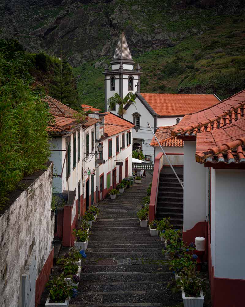 The church in Sao Vicente, reached by a staircase with flower pots on either side