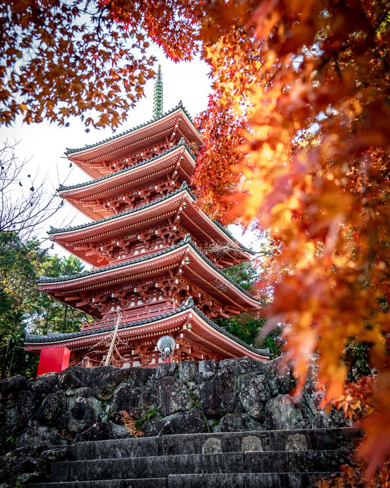 A beautiful red pagoda temple, part of the Shikoku Pilgrimage through Kochi