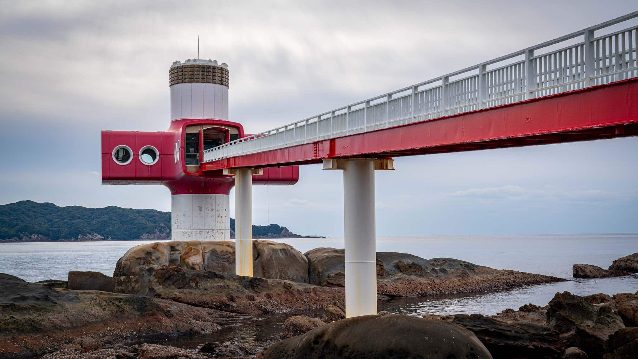 The red and white underwater observatory is quite unique